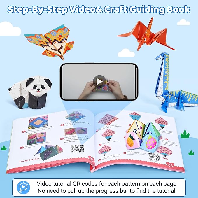 JoyCat Origami Paper Kit for Kids,180 Sheet 5.5x5.5 Colorful Paper,73 Dinosaur & Paperplane Style with Instruction Book,Art&Crafts Supply Set for Ages 5-12 boy,Ideal DIY&Educational Toy,Gift for Kids