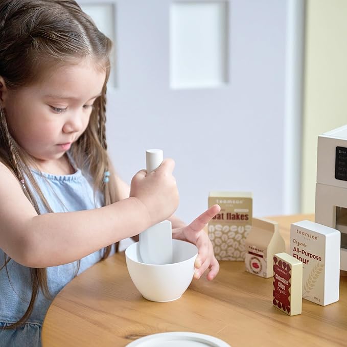 Teamson Kids Little Chef Santa Barbara Wooden Healthy Dessert Set - 27 Pieces Pretend Toy Food Accessories Plus Oven & Blender, Educational Role-Play for Kids Ages 3+, White