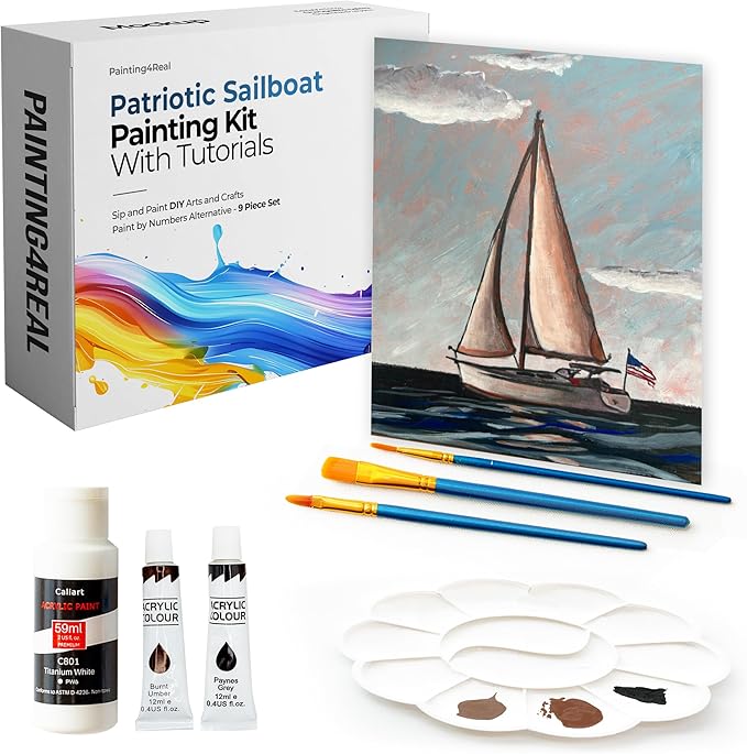 Painting4Real DIY Painting Class Kit for Adults: Learn to Paint Patriotic Sailboat with Video Tutorials – Art Decoration for Independence Day – Hang This Picture/Art as Wall Decor Once Completed
