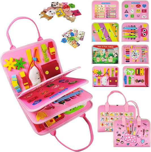 TenFans Montessori Busy Board for Toddlers 3-5 Years - Sensory Toys for Fine Motor Skills - Felt Travel Activity Board with Zipper