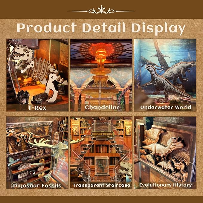 DIY Wooden Puzzle with Night Light, Miniature House Kits, Stunning Bookshelf Insert Decor, Ideal Gift for Holidays, Birthdays, and Home Library Decoration(Dinosaur Museum)