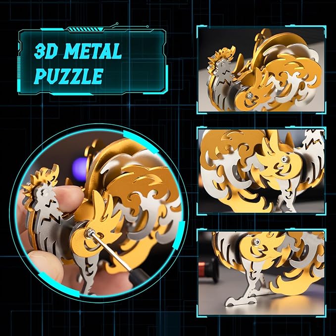 3D Metal Puzzles,3D Metal Puzzle for Adults,Mechanical Model Kit Zodiac Rooster Gold,Steel 3D Puzzles Stainless Steel Ornaments for Adults Home Decor Art Craft Gifts Toys.