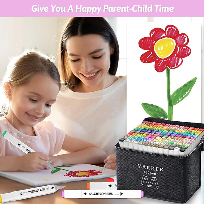 Banral 130 Colors Dual Tip Alcohol Based Markers, Twin Sketch Art Marker Set Pens for Artists Kids Adult Coloring Drawing Sketching Card Making Illustration, Premium Brush Markers with Case