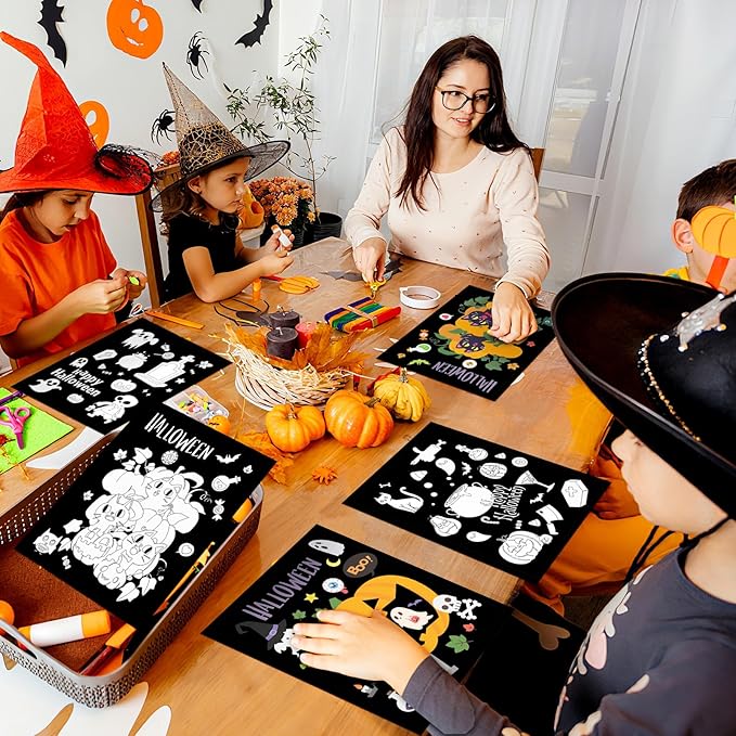 Zhanmai Pack of 48 Halloween Velvet Coloring Posters and Watercolor Pens Fuzzy Velvet Coloring Posters for Adults Teenagers Large Poster for Pumpkin Ghost Skeleton Arts Crafts Activity