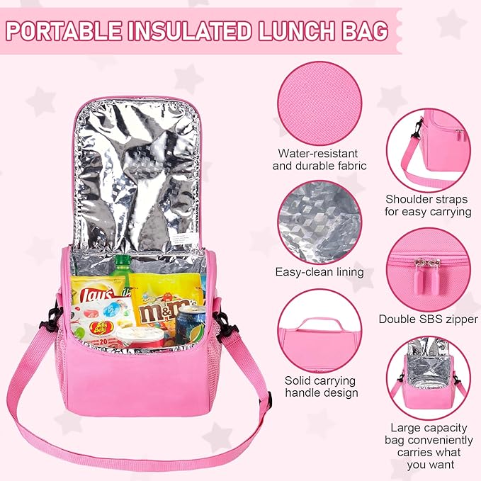 Bento Lunch Box for Kids with 17oz Soup Thermo,Insulated Tumbler Water Bottle and Insulated Lunch Bag,Leak-Proof 3 Compartment Lunch Food Container with with Ice Pack for Kids to School-Pink