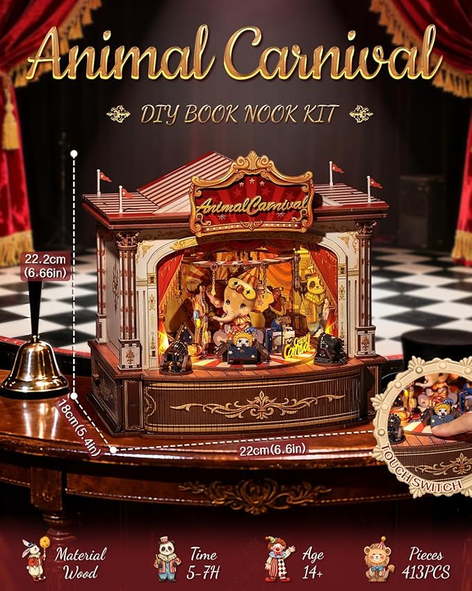 CUTEBEE 3D Wooden Puzzles Music Box - Merry-go-Round DIY Book Nook, Rotating Mechanical Model Building Kit, Wooden Music Box Kit with LED, Craft Hobbies Kit for Adults Birthday for Adults