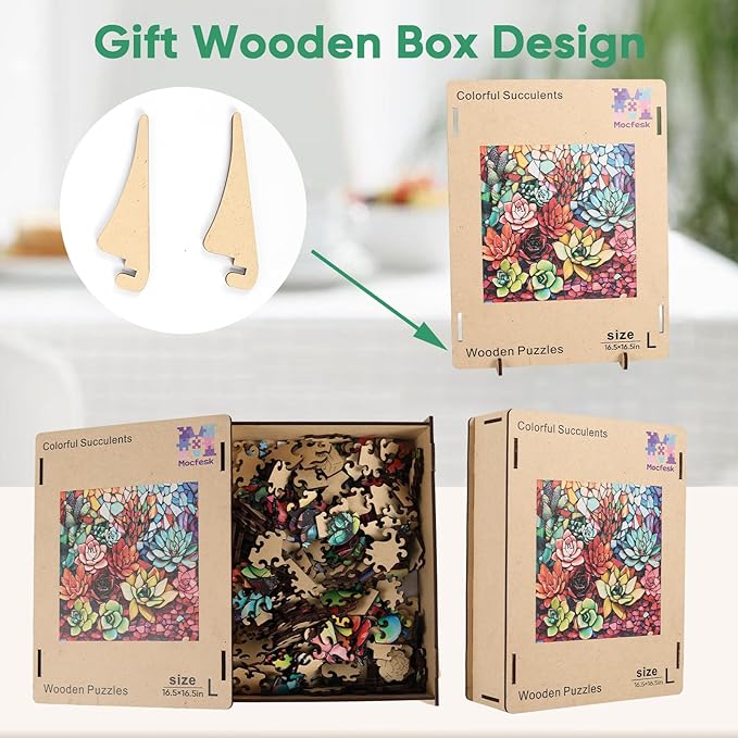 Wooden Puzzles for Adults, Stained Glass Succulent Puzzles 500 Pieces, Unique Shaped Jigsaw Puzzles for Adults and Kids, Birthday Gifts Fun Challenge Family Game 16.5'' x 16.5''