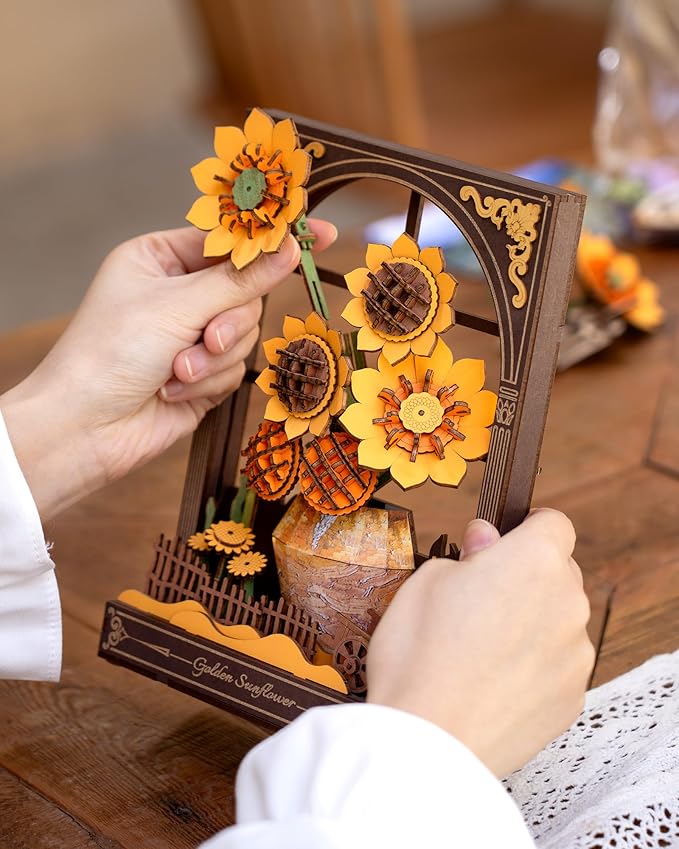 Wowood 3D Wooden Puzzles for Adults - Van Gogh Golden Sunflower DIY Model Building Kits with LED Light - Home Decor, Wall Art & Unique Creative Gifts for Art Lovers