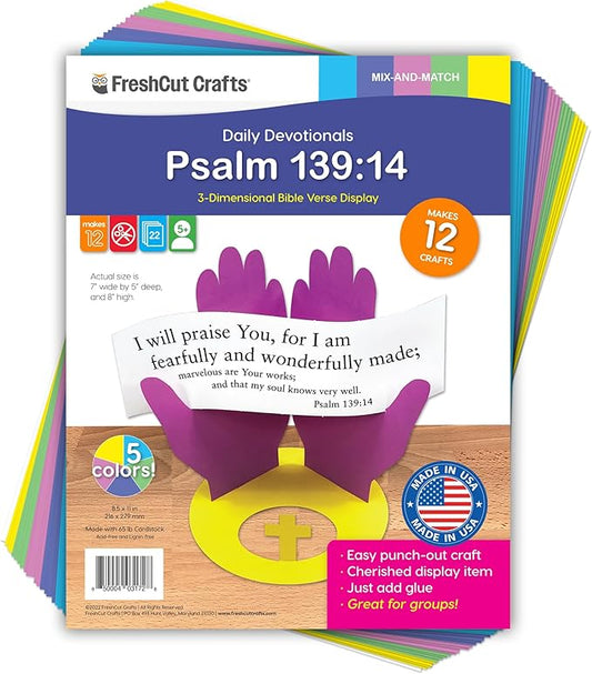 FreshCut Crafts Psalm 139:14 Punch-Out 3-D Paper Kit, 12 Colorful Tabletop Displays Bible Craft for Kids Ages 5 & Up, Perfect for Sunday School, Church Activities, Homeschooling, Classroom Decor