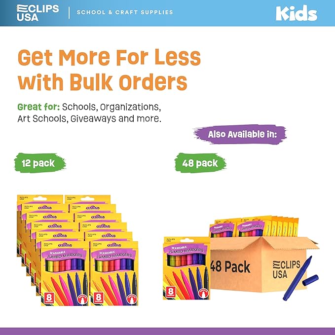 E-CLIPS USA Jumbo Markers For Kids, Colored Markers For School, Washable markers Bulk Classroom, Broad Tip, 8 Per Box (12 Pack)