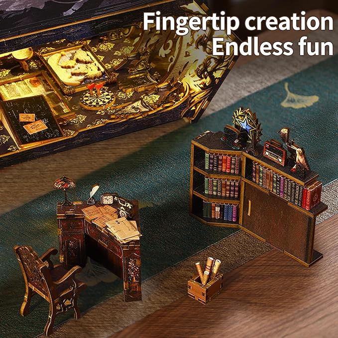 CRIOLPO Book Nook Kit - DIY Doll House Booknook, Book Nook Miniature Kit for Bookshelf Insert Decor Crafts for Adults Teen Halloween, 3D Wooden Puzzle Bookends with Sensor Led Light
