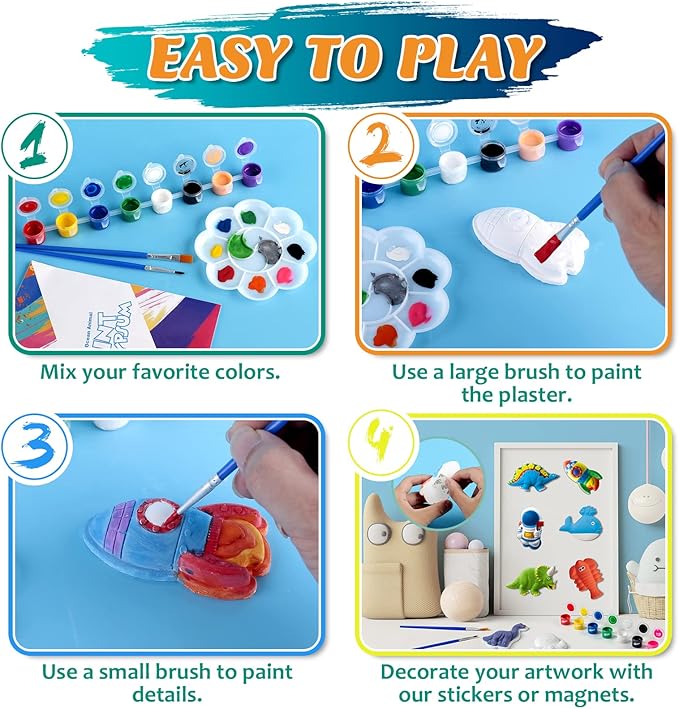 Juboury Kids Arts and Crafts Plaster Painting Craft Kit Art Set - Painting Your Own Space Dinosaurs & Marine Life Figurines - Ceramic Painting Kit for Kids, Girls, Boys, Toddlers
