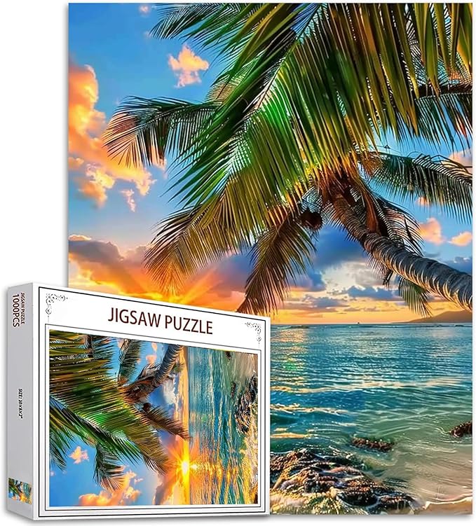 Summer Seascape 1000 Piece Jigsaw Puzzles for Adults Tropical Coconut Tree Painting Jigsaw Puzzle Landscape 1000 Pieces Puzzles Game Home Wall Decor DIY Craft Ocean at Sunset Puzzle Art(Colorful)