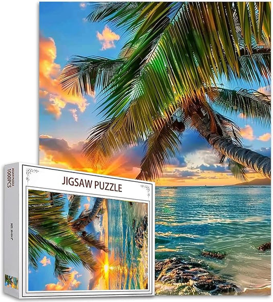 Summer Seascape 1000 Piece Jigsaw Puzzles for Adults Tropical Coconut Tree Painting Jigsaw Puzzle Landscape 1000 Pieces Puzzles Game Home Wall Decor DIY Craft Ocean at Sunset Puzzle Art(Colorful)
