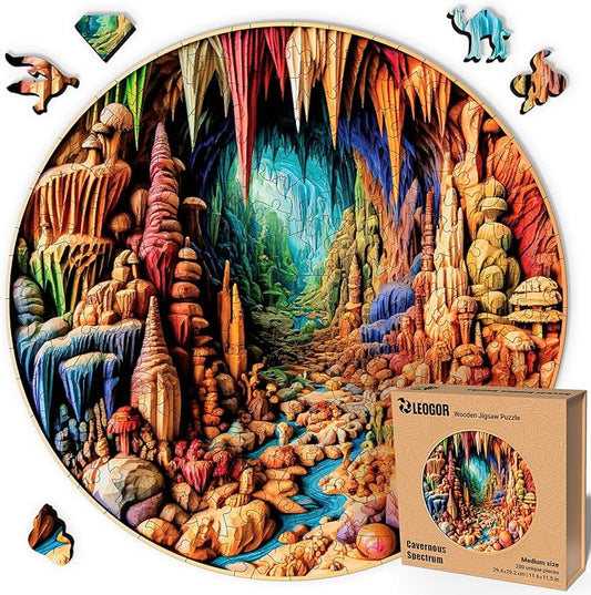 LEOGOR Wooden Jigsaw Puzzles for Adults 200 Pieces (11.6 × 11.5 in), Cave Puzzle, Extra-Thick 5mm Wood, Round 3D Mosaic Design, Unique Animal Shapes, Relaxing Artistic Gift for Adults and Teens