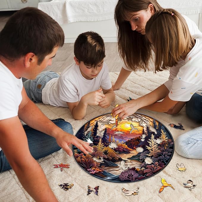 Wooden Puzzles for Adults - Unique Animal Shaped Sunset Forest Puzzle, 3D Vision Wooden Jigsaw Puzzle, Christmas Birthday Gifts for Friends/Family, Home Decor 13.4 * 13.4in 300pcs