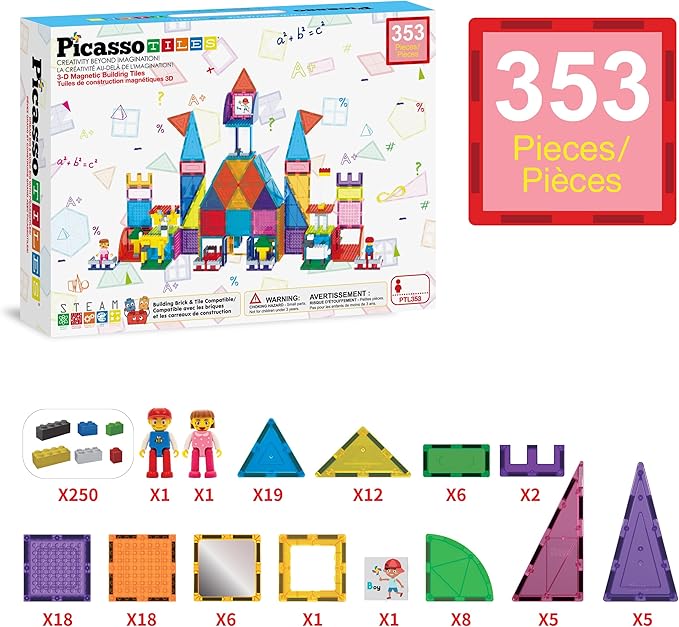 PicassoTiles 353pc Magnetic Brick and Magnet Tile Combo Set with Action Figures STEM Building Block Educational Construction Kit Preschool Classroom Toy Learning Activities for Kids Age 3 Plus PTL353