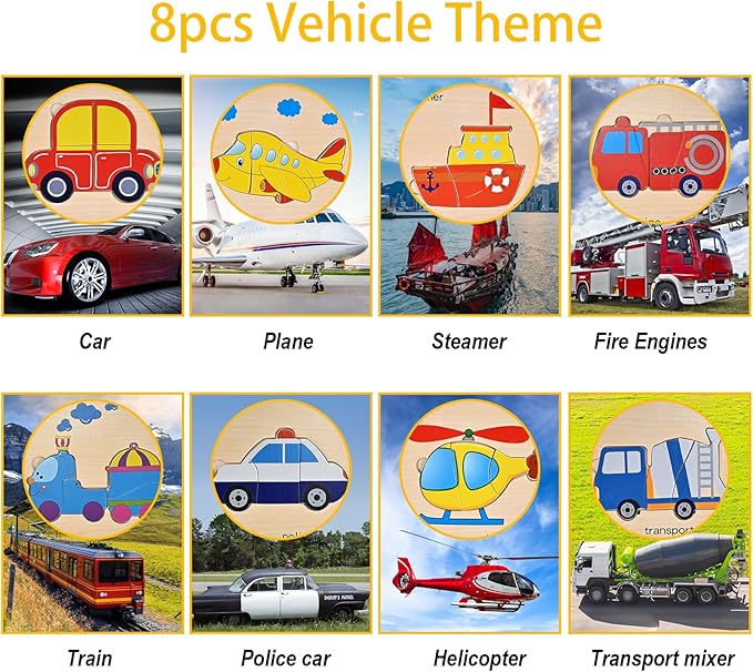 Wooden Puzzles for Toddlers 1-3, Toddler Puzzles Ages 2-4, Montessori Toys for 1-3+ Year Old Learning Educational Preschool Toys for Boys Girls (Vehicle Theme)