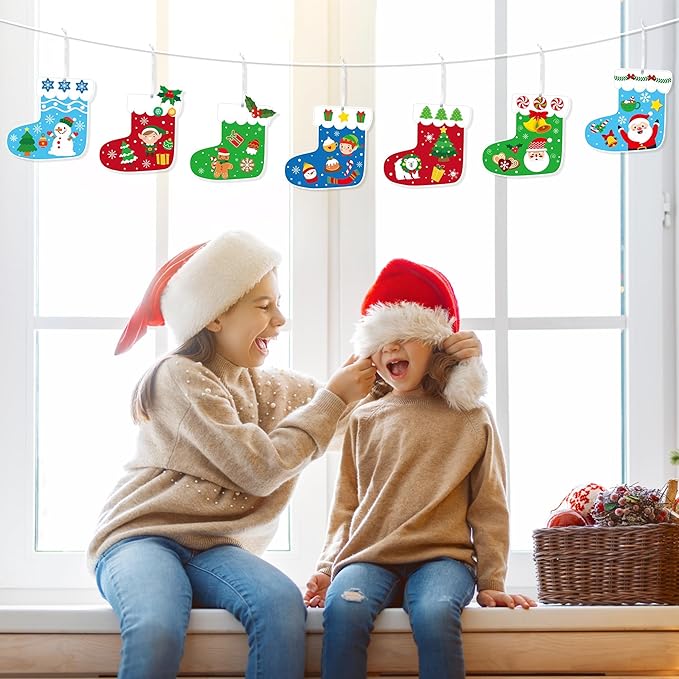EZdhuawuse Christmas Stockings Craft Kits - 123Pcs Christmas Stocking DIY Sticker Ornaments for Kids, Make Your Own Xmas Craft Paper Stockings, DIY Xmas Ornaments Kits for Tree Wall Door Hanging
