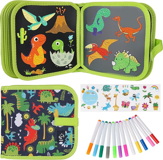 Erasable Doodle Set for Kids - Reusable Magic Drawing Book with 12 Watercolor Pens 14 Page Drawing, Road Trip Car Game Writing Painting Set for Boys and Girls (Green)