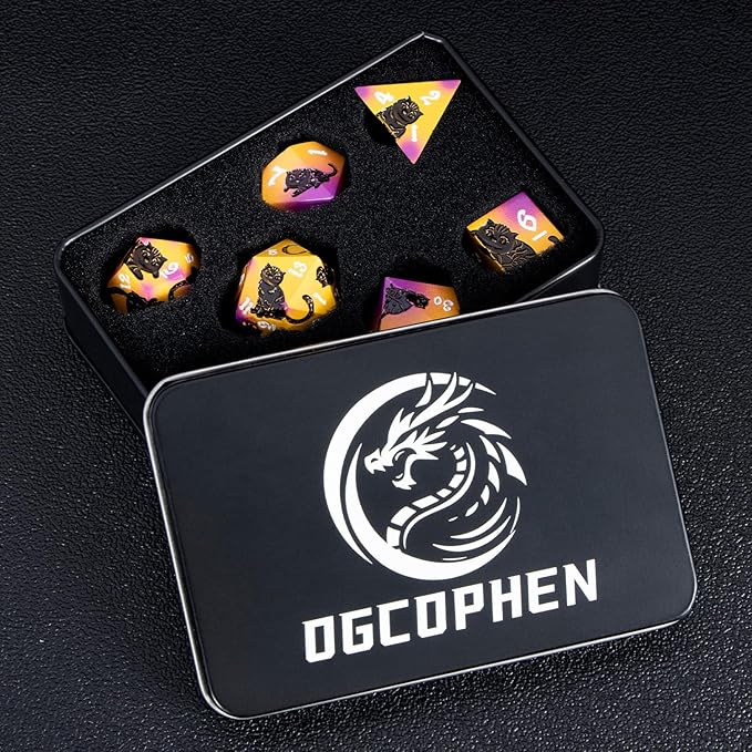 Metal DND Cat Dice 7PCS Polyhedral RPG Dice Set with Gift Case for Dungeons Dragons Role Playing Game, D and D Dice D6 D8 D10 D12 D20 D% (Purple Yellow)