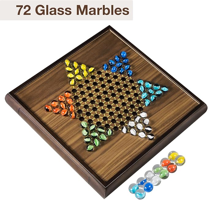 2 in 1 Magnetic Chess Set & Chinese Checkers 13" Wooden Board Game with Storage Drawer and 60 Glass Marbles + Bonus 12 Spare & 2 Extra Queens,for Kids and Adults