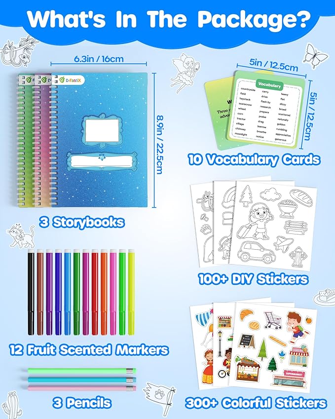 D-FantiX My Storybook Art Kit, Creative Writing & Drawing Activity Set for Boys & Girls, Hardcover Comic Book Making Kit with Stickers, DIY Arts and Crafts Supplies Gifts for Kids Ages 5, 6, 7, 8-12