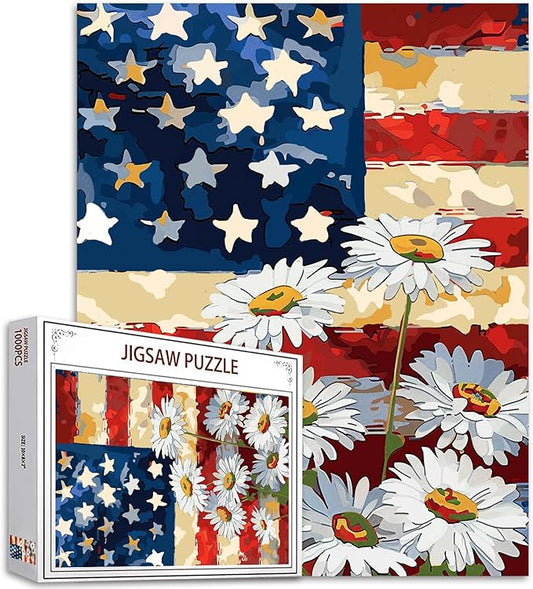 Patriotism 1000 Piece Jigsaw Puzzles for Adults Native American Flag Painting Jigsaw Puzzle White Daisy 1000 Pieces Puzzles Game Home Wall Decor DIY Craft Tropical Flower Puzzle Art(Colorful)