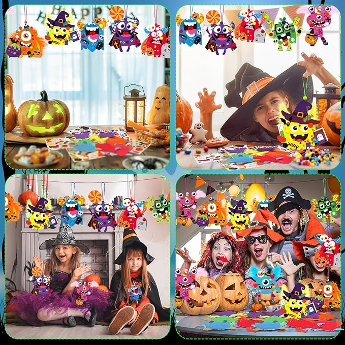 48 Sets Halloween Monster Crafts Kits Halloween Fall Craft Bulk DIY Monster Ornaments Necklace Feather Ball Sticker Beads Pom Arts and Crafts Classroom Activities Art Project Party Favors