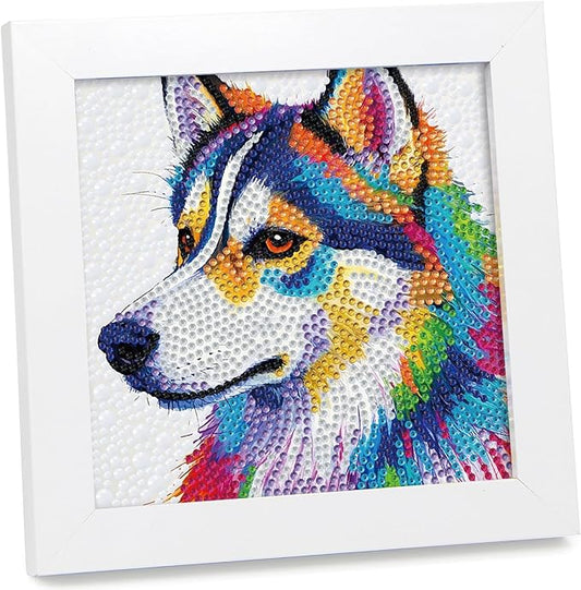 geesfayan Diamond Art Kits for Kids Ages 8-12,6 Inch DIY Gem Art Painting with 7 Inch Frame, Complete Starter Kit for Beginners, Creative Arts & Crafts Gift for Girls & Boys (Husky)
