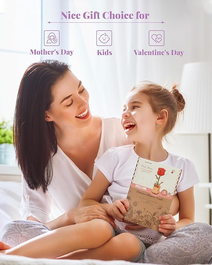 rowood 3D Puzzle Wooden Flower,DIY Artifical Flower Building Toy Set Craft Kit for Women,Mother's Day/Valentine's Day/Teacher's Day/Thanksgiving/Christmas/Birthday Choice-Red Rose