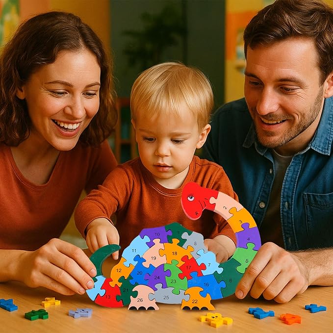 LovesTown Wooden Animal Puzzles for Toddlers, Alphabet Building Blocks for Kids, Preschool Letters and Numbers Learning Puzzle, 2 PCS