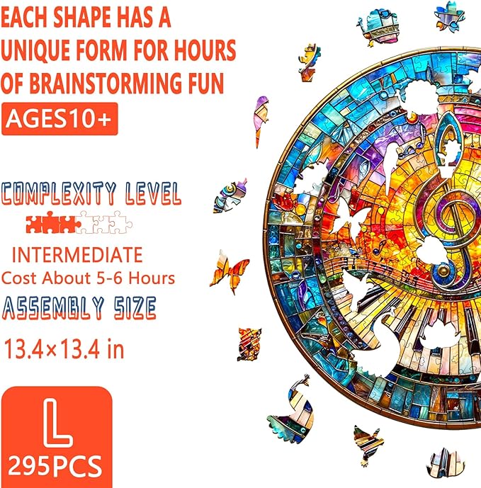 Wooden Puzzles for Adults, Wooden Jigsaw Puzzle for Adults 295 Pieces, Stained Glass Piano Wood Puzzles Adult, Unique Shape, Gifts for Women and Men, Wall Art Canvas Puzzle(L -13.4 * 13.4in)
