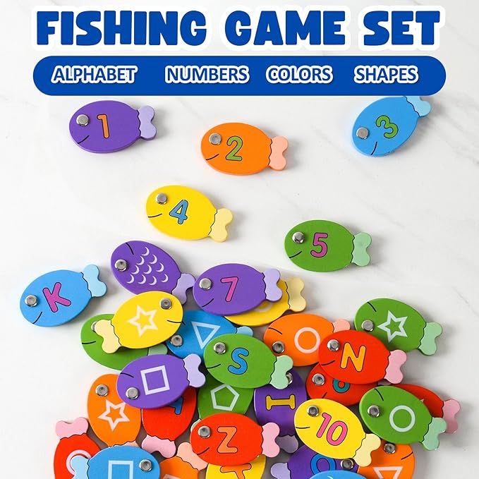 Magnetic Wooden Fishing Game – Interactive ABC Alphabet, Numbers, Shapes & Colors 4-in-1 Learning Board | Montessori Educational Toy for Kids | Complete Set with 36 Fish, 2 Wooden Poles & Board