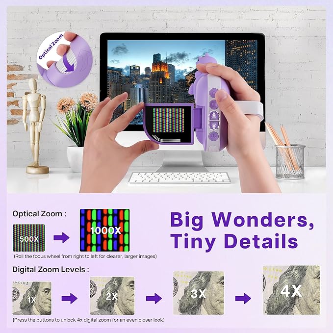 Dino Microscope for Kids, 1000x Portable Digital Microscope Camera with 2" Screen, Educational Science Kit Birthday Gifts for Kid Age 4-12, 32GB TF Card Included