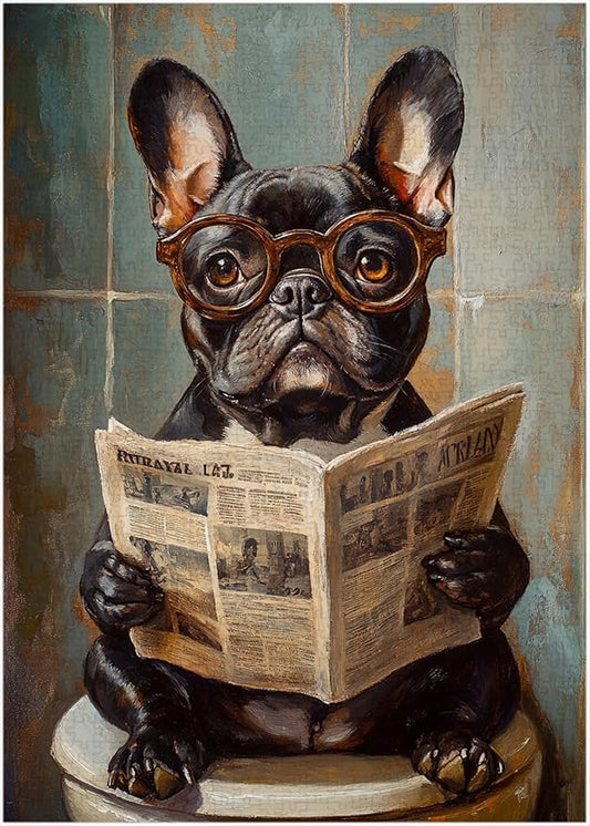 French Bulldog on Toilet Jigsaw Puzzle 1000 Pieces for Adults - Quirky Dog Reading Newspaper with Glasses - 1000pc Dog Bathroom Decor Puzzles (50x70cm / 19.685"x27.559")