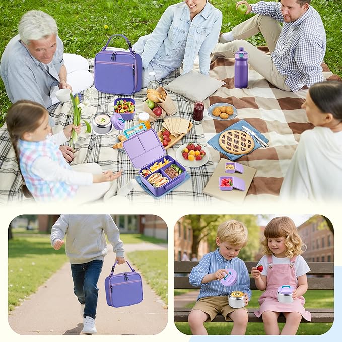 MAISON HUIS Kids Bento Box Set - Includes 8oz Soup Thermo, Insulated Lunch Bag & 17oz Stainless Steel Water Bottle, 5-Compartment Bento Box with Built-In Ice Pack, Leak-Proof & BPA-Free(Purple)