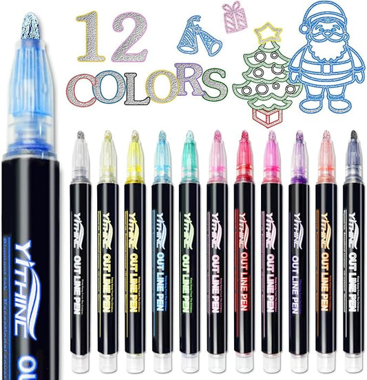Outline Shimmer Markers, 12 Glitter Metallic Gel Pens for Coloring, Fun Gift for Halloween, Birthday Party Favors, Holiday Stocking Stuffers, Cool DIY Art Crafts Drawing Supplies