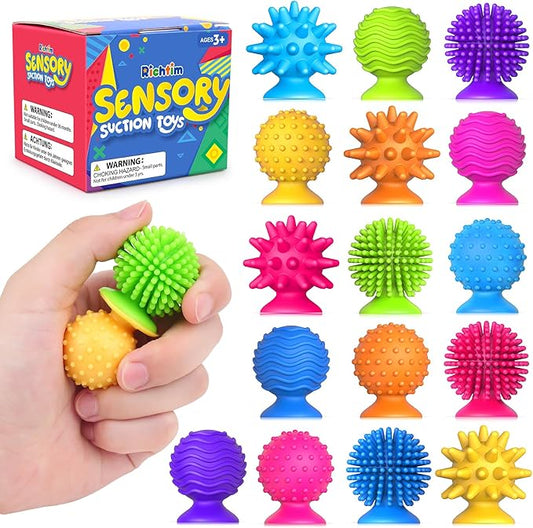 Sensory Fidget Toys Kids Adults: 16 Pack Textured Suction Toys for Autism Kids Calming - Quiet Anxiety Fidgets for Classroom Prize - Calm Down Toy for Girls Boys - Travel Toys Road Trip Essential