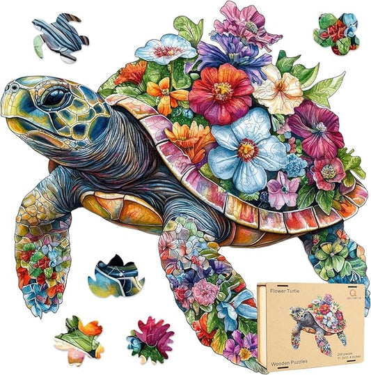 Wooden Puzzles for Adults, Flower Sea Turtle Wooden Jigsaw Puzzles 500 Pieces 16.4 * 16.5in, Unique Animal Shaped Wooden Puzzles for Adults and Kids, Family Game