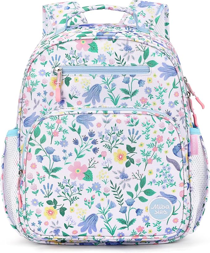 mibasies Kids Backpack for Girls: Girls Backpack 5-8 - Kindergarten Elementary School Bookbag for Girl - Floral Sky Blue