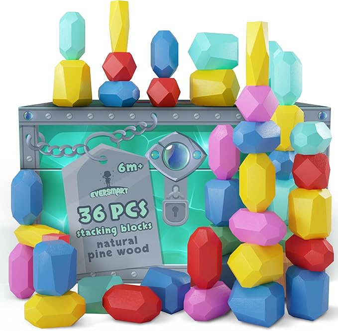 Wooden Stacking Blocks โ Montessori Toys for 1 2 3 4 5 6 Year Old Toddlers and Kids, No Choking Hazard โ Building Rocks Stones Games, for Girls and Boys