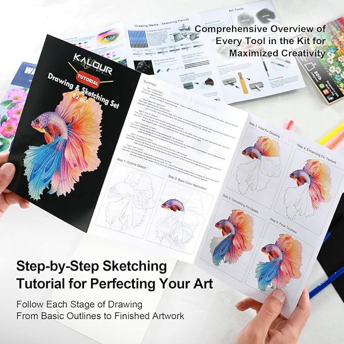 KALOUR PDAS 82 Drawing Set Sketching Kit, Art Set with Fluorescent, Colored, Watercolor, Metallic, Graphite, Charcoal Pencils, 5 Sketchbook and Coloring Book, Gift for Artists Adults Teens Beginner