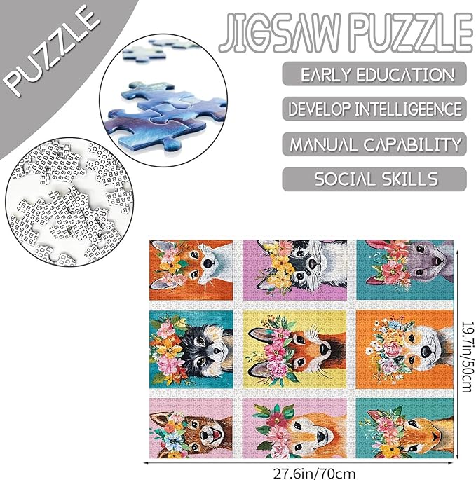 1000 Piece Jigsaw Puzzles for Adults Running Cute Animal Painting Jigsaw Puzzle Fox with Floral Crown Puzzles for Challenging Family Activity Wildlifer Art Puzzle Wall Decor Boho Gift (Colorful)