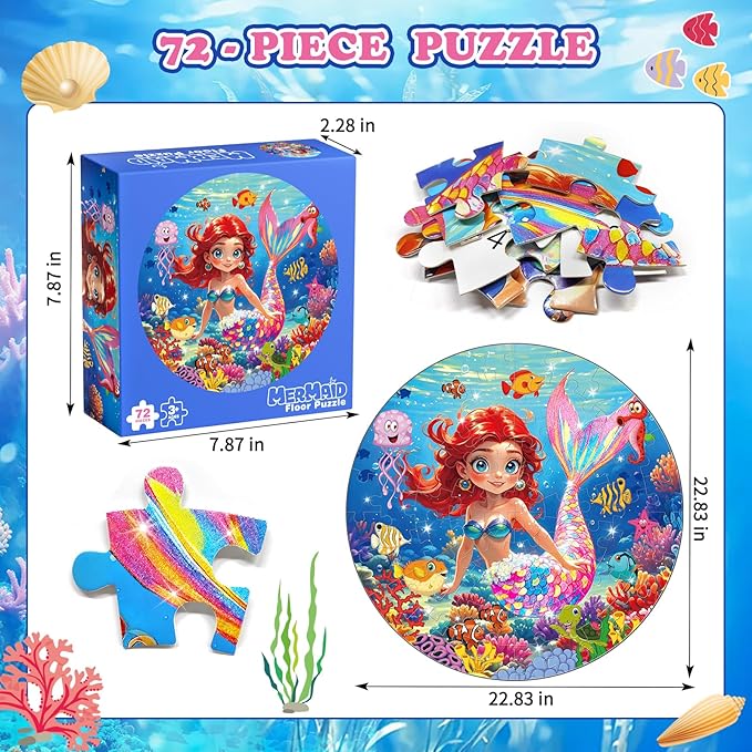 72 Pieces Shimmery Jumbo Mermaid Floor Puzzle for Girls 3-5 4-6 Age Floor Puzzles for Boys and Girls Large Round Floor Jigsaw Puzzles (Mermaid)