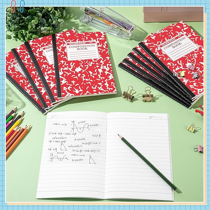 Fainne 100 Pack A5 Composition Notebooks Bulk College Ruled Composition Notebooks Marble Covers Notebook for Student Classroom Office Supplies 30 Sheet/60 Page(Red)
