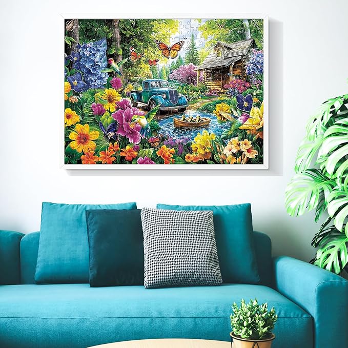 300 Piece Puzzles for Adults,Lake House Jigsaw Puzzle for Adults Kids Elderly,Large Piece Landscape Puzzle for Kids Age 8-10 10-12,Challenging Truck Bird Flower Puzzle,Family Game Great Gift 20.5x15in