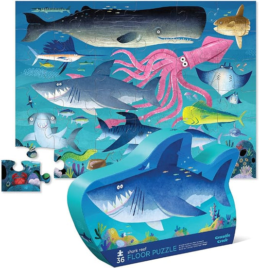 Crocodile Creek 36-Piece Jigsaw Floor Puzzle - Fun Floor Puzzles for Kids Ages 3-5 - Heavy-Duty Shaped Box for Storage - Shark Reef - 24" W x 18" H Finished
