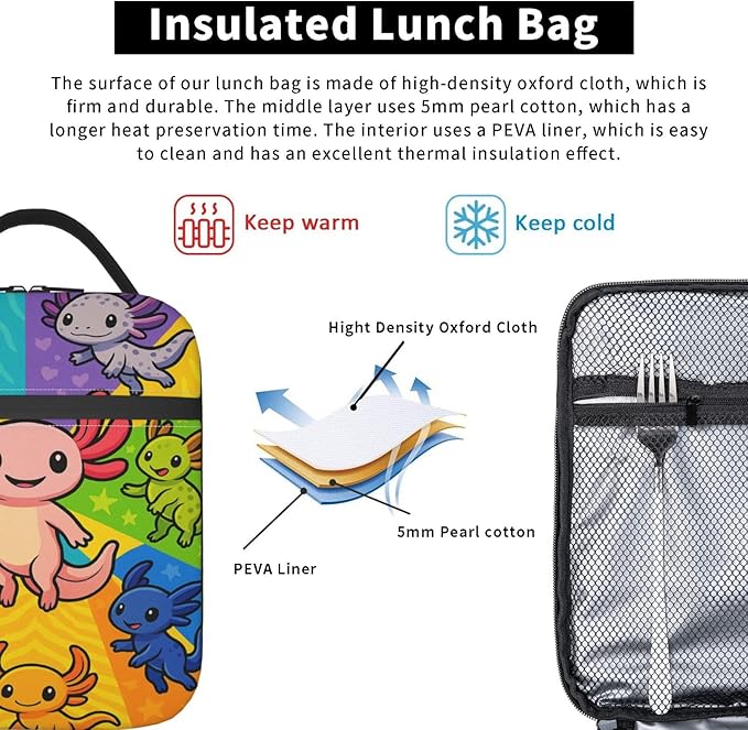 Colorful Axolotl Lunch Bag for Women Men Adults, Insulated Lunch Box for Work, Sports, Travel, Picnic,Hiking, Fishing, Cute Cartoon Salamander Theme Lunchbox Gifts