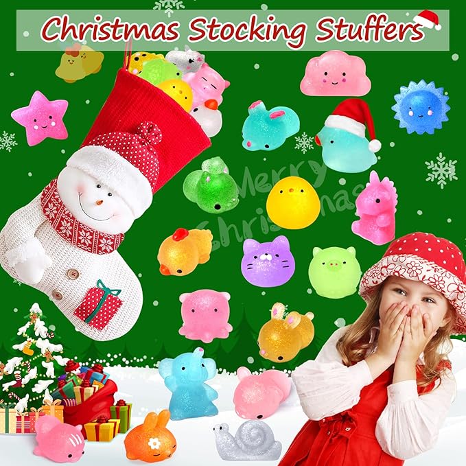 LUDILO Mochi Animal Squishies Toys 2nd Generation Glitter Mochi Squishy 20pcs Kawaii Mini Squishies Squeeze Toys for Kids Stocking Stuffers Class Prizes Valentines Birthday Gifts Easter Egg Fillers
